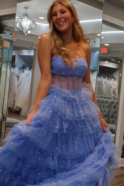 Sparkly Long A-Line Strapless Tiered Tulle Prom Dresses,BD93298