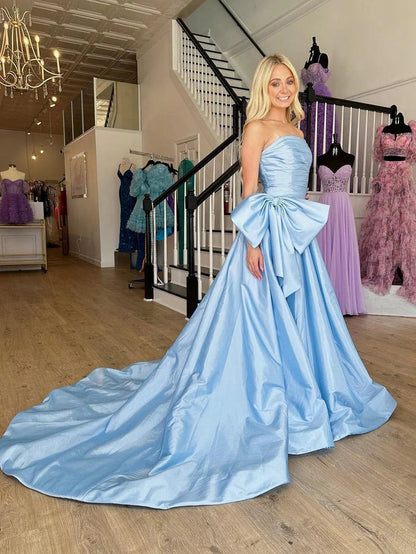 Cute A Line Strapless Light Blue Taffeta Slit Prom Dresses