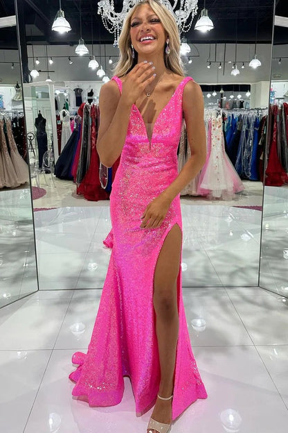 V Neck Mermaid Pink Sequin Slit Prom Dress Evening Dresses