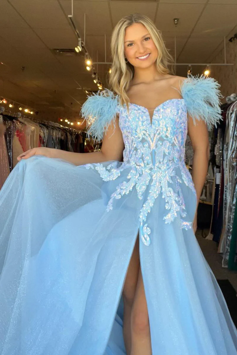 Light Blue Off the Shoulder Sequin Long Lace Prom Dress