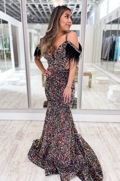 Purple Iridescent Sequin Feather Cold-Shoulder Cutout Mermaid Prom Dresses