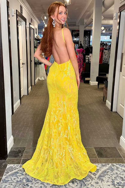 Mermaid V Neck Yellow Sequins Lace Backless Long Prom Dresses