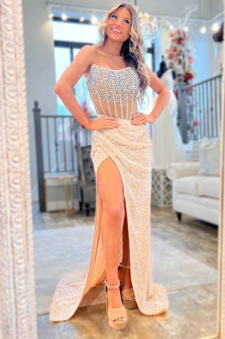 Scoop Neck Gold Sequins Slit Mermaid Prom Dresses