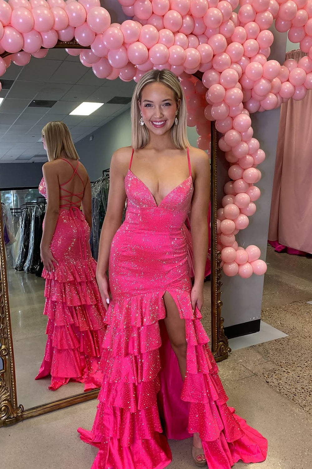 Mermaid V Neck Fuchsia Ruffle Tiered Long Prom Dresses