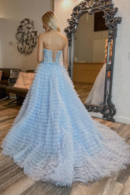 Light Blue Strapless Ruffle Tiered Tulle Long Prom Dresses with Appliques