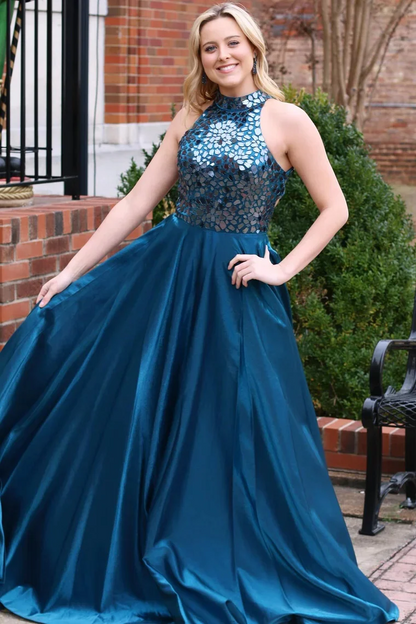 Long Teal Cut Glass Mirror Halter Formal Dresses,BD93194