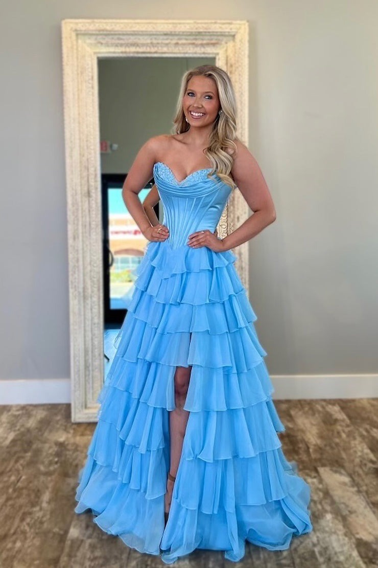 Ball Gown Sweetheart Blue Chiffon Tiered Prom Dresses