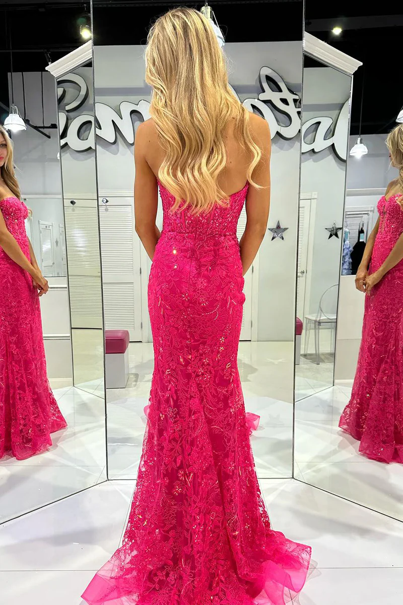 Fuchsia Sweetheart Tulle Lace Long Prom Dresses with Appliques