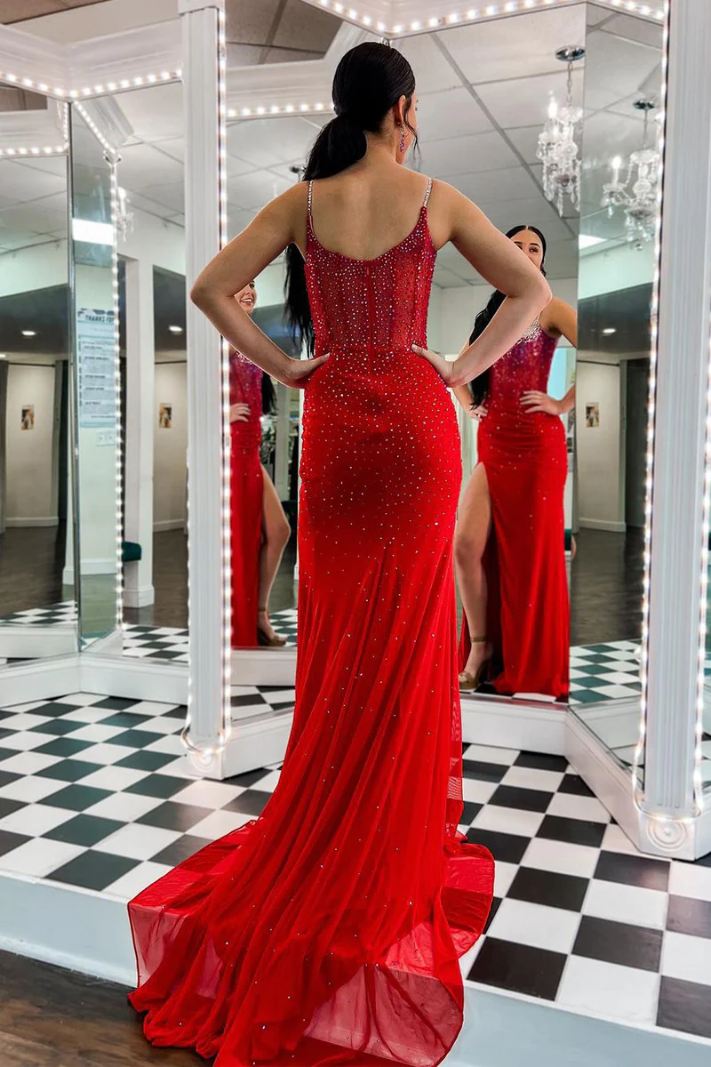 Red Scoop Neck Beaded Mermaid Long Prom Dresses