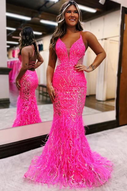 Lace Fuchsia V Neck Sequin Mermaid Long Prom Dresses