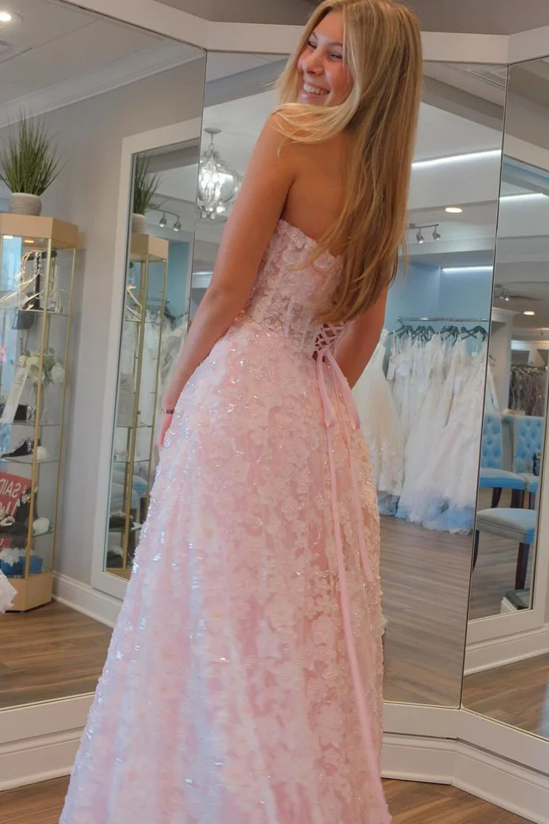 Cute Pink Flowers Lace  A-Line Long Prom Dresses