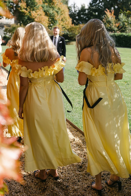 Yellow Off the Shoulder Ruffle Satin Ankle Length Bridesmaid Dresses,BD240802