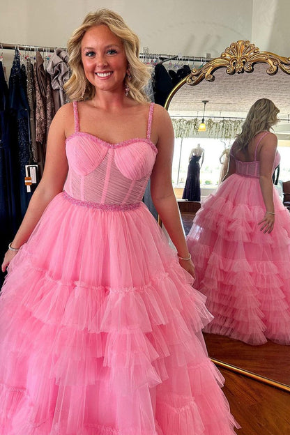 Pink Ruffle Tiered Tulle Sweetheart Long Prom Dresses