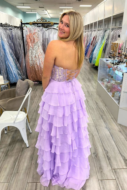 A Line Sweetheart Lavender Chiffon Tiered Prom Dresses