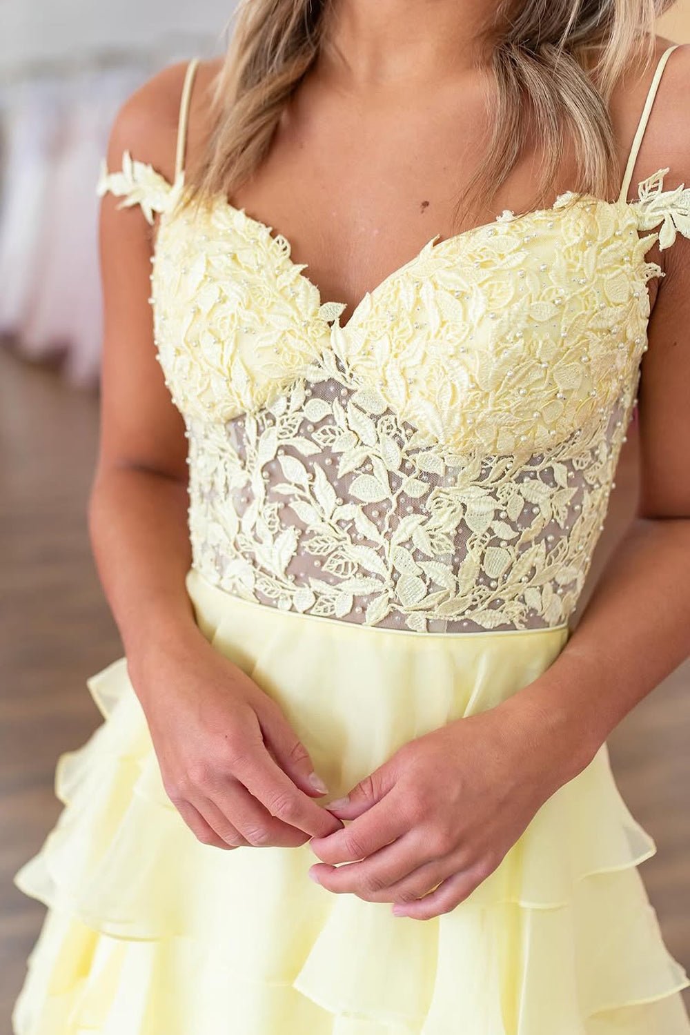 A-Line Cold Shoulder Yellow Ruffle Tiered Long Prom Dresses