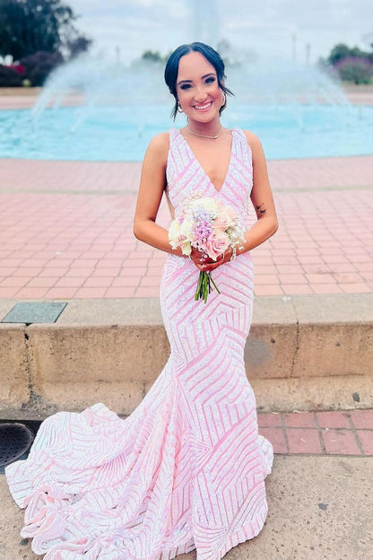 Light Pink Sequins V Neck Mermaid Long Prom Dresses