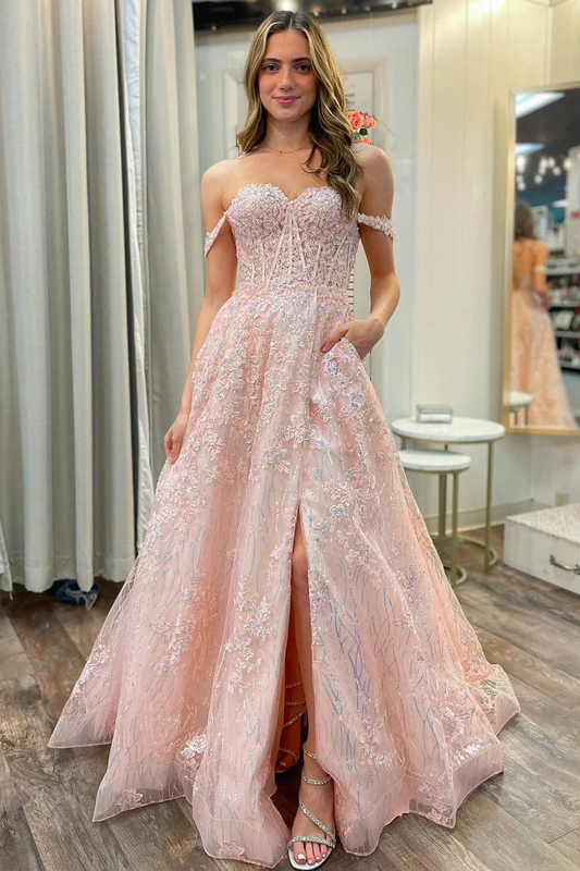 A-Line Pink Appliques Off-the-Shoulder Long Prom Dresses