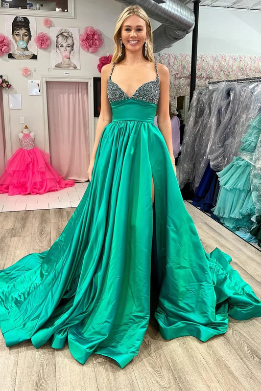 Emerald Beaded V-Neck A-Line Long Prom Dress