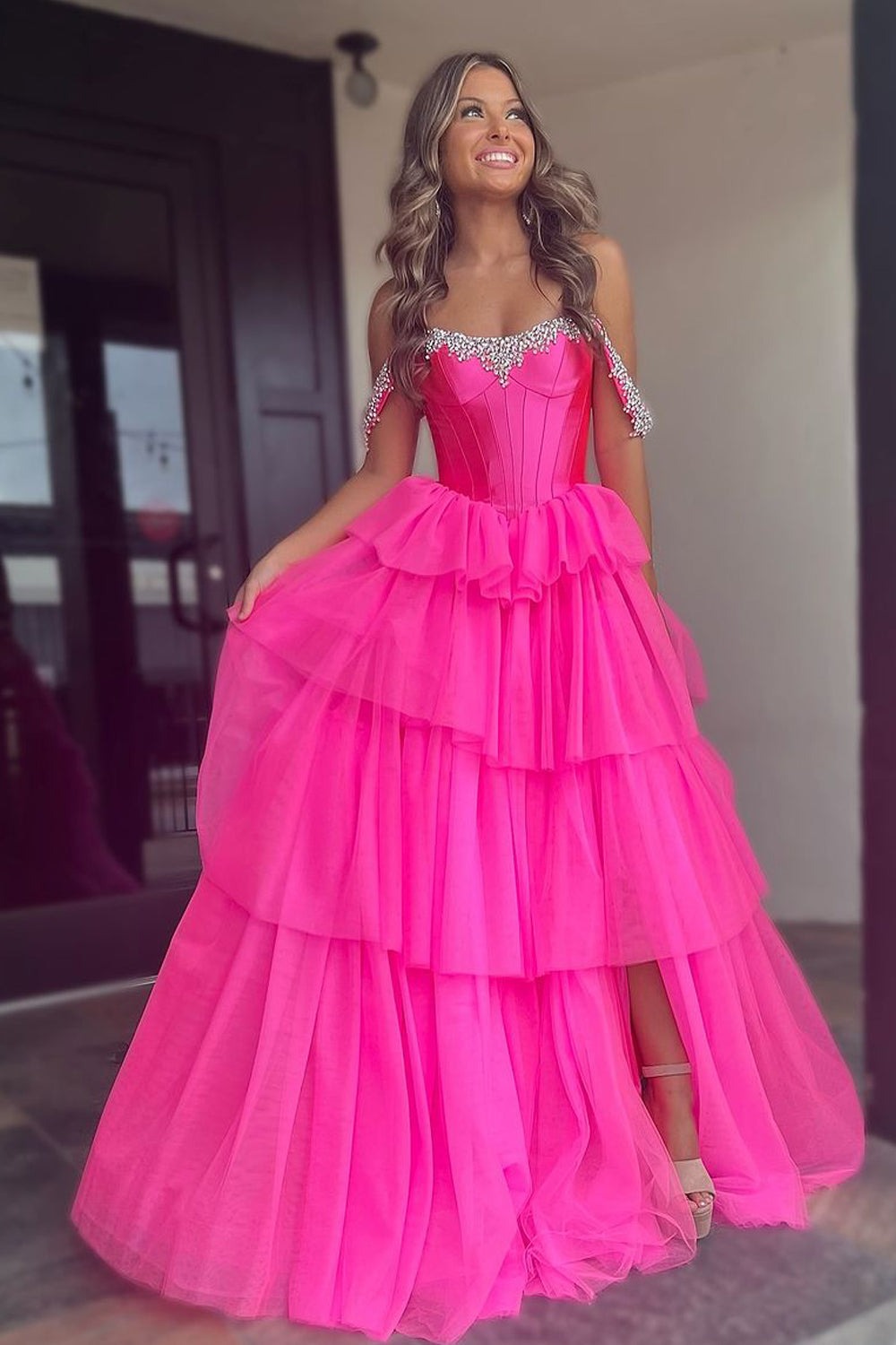 Cute A Line Off the Shoulder Hot Pink Tulle Long Prom Dresses