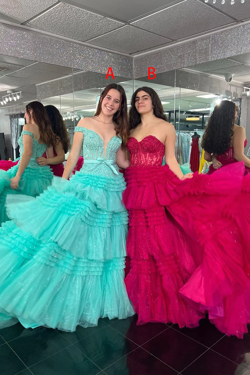 Hot Pink Long Sweetheart Tiered Tulle Prom Dresses,BD93113