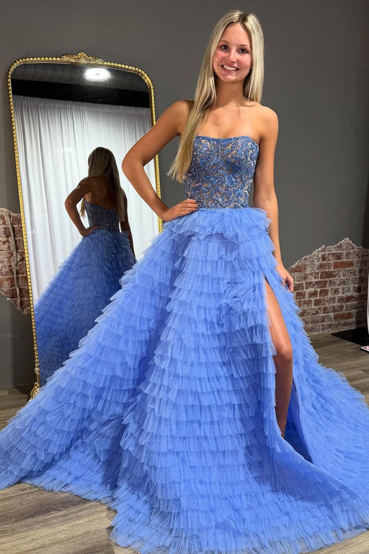 Ball Gown Strapless Blue Tiered Tulle Prom Dresses