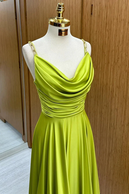 A-Line Olive Green Cowl Neck Chain Strap Long Prom Dresses