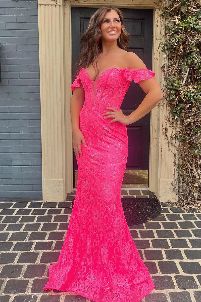 Fuchsia Off the Shoulder Lace Mermaid Long Prom Dresses,BD93258