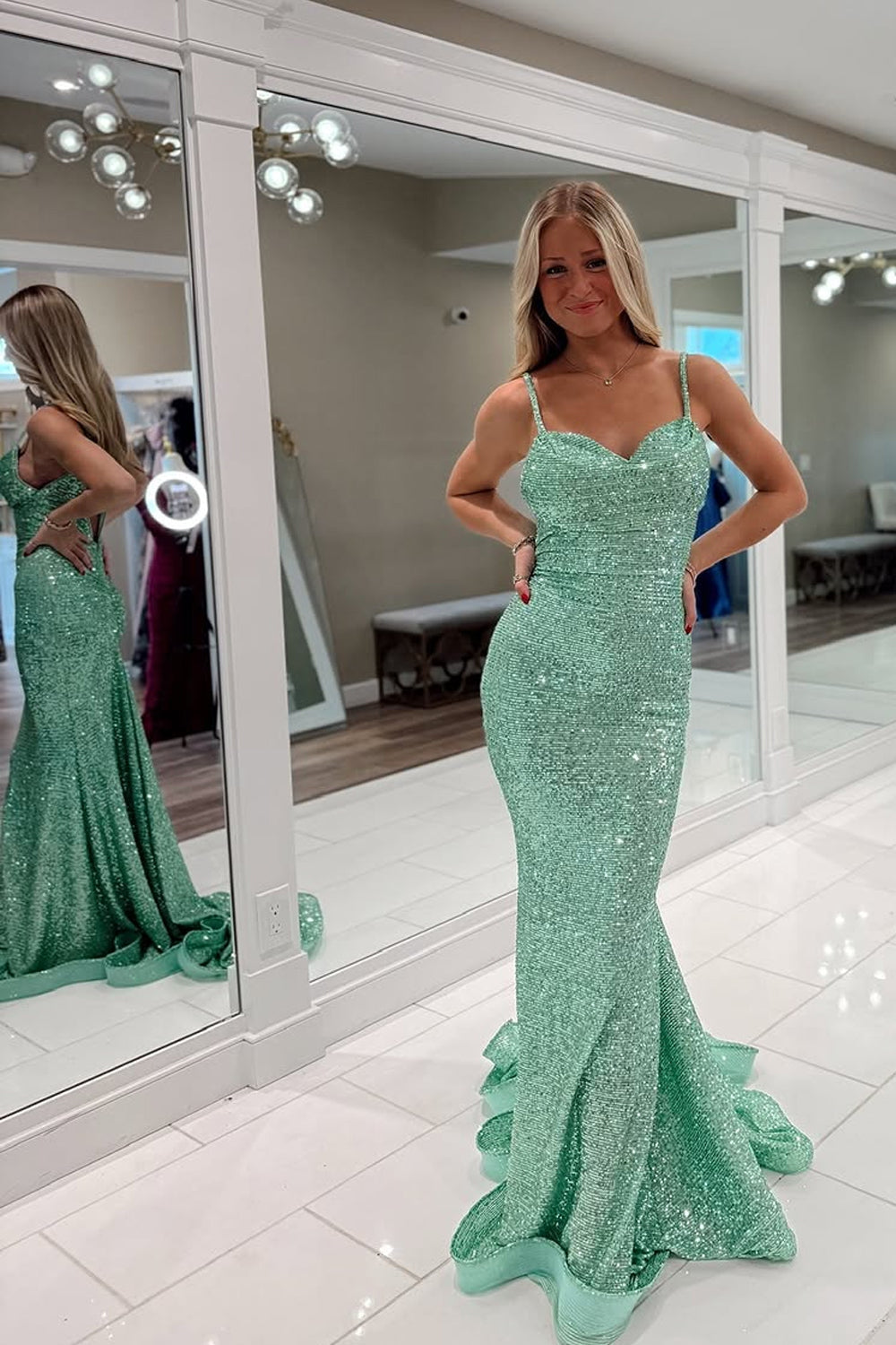 Mermaid Sweetheart Mint Green Sequins Long Prom Dresses