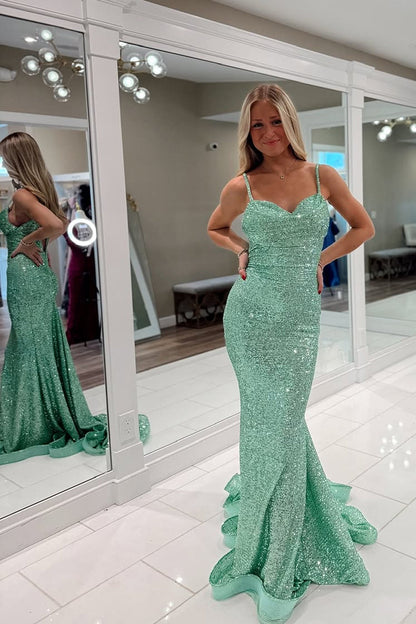 Mermaid Sweetheart Mint Green Sequins Long Prom Dresses