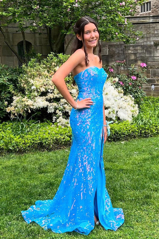 Strapless Blue Sequins Long Mermaid Prom Dresses