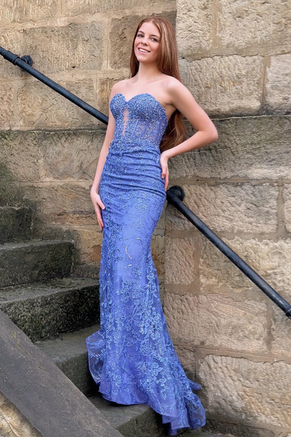 Periwinkle Strapless Floral Mermaid Long Prom Dress,BD930855