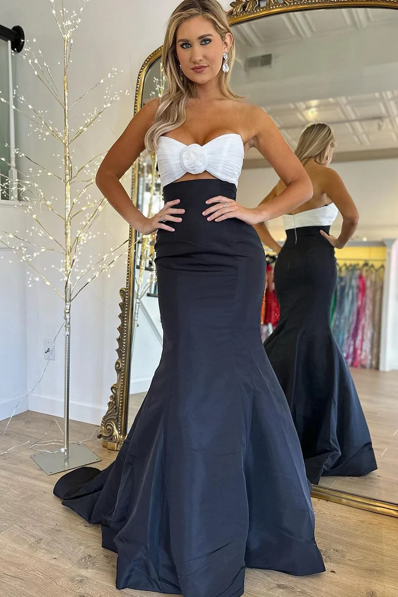 Black Strapless Satin Long Mermaid Prom Dress