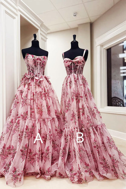 Sweetheart Floral Printed Chiffon Long A Line Prom Dresses