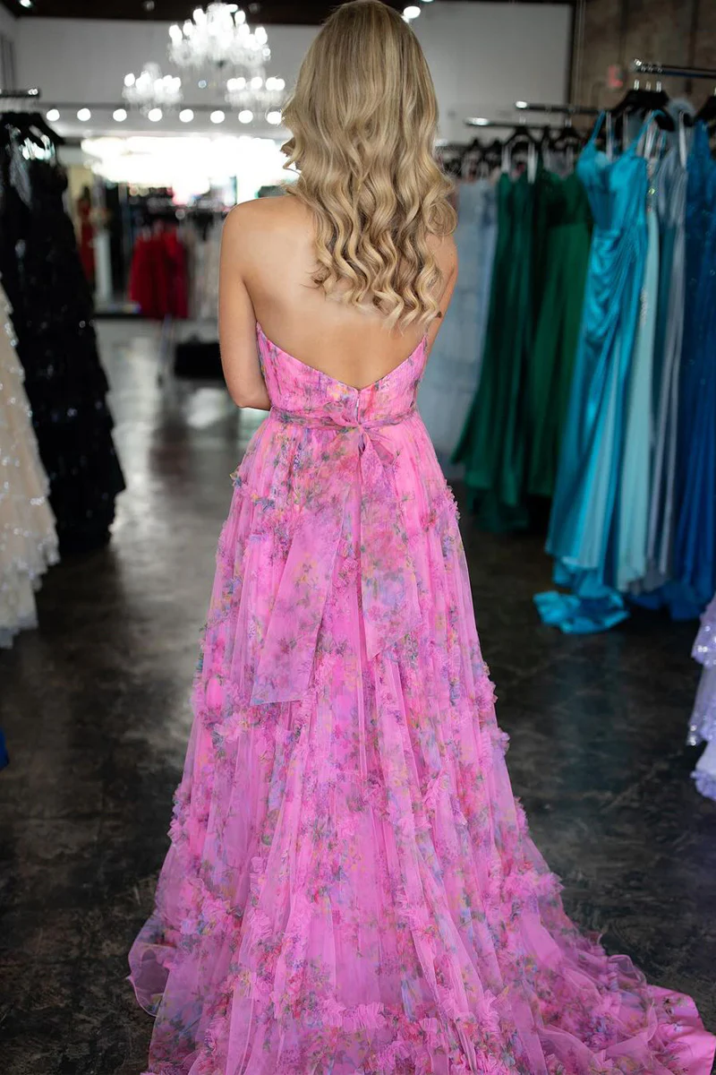 Unique A-Line Strapless Floral Printed Long Prom Dresses,BD93330