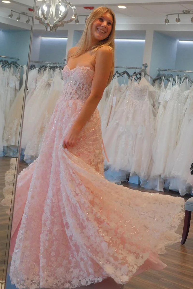 Cute Pink Flowers Lace  A-Line Long Prom Dresses