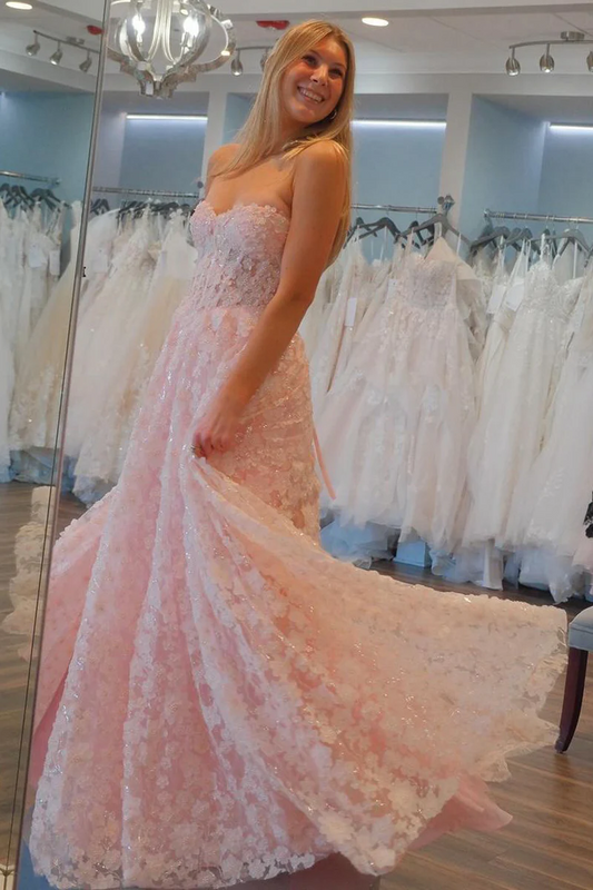 Cute Pink Flowers Lace  A-Line Long Prom Dresses