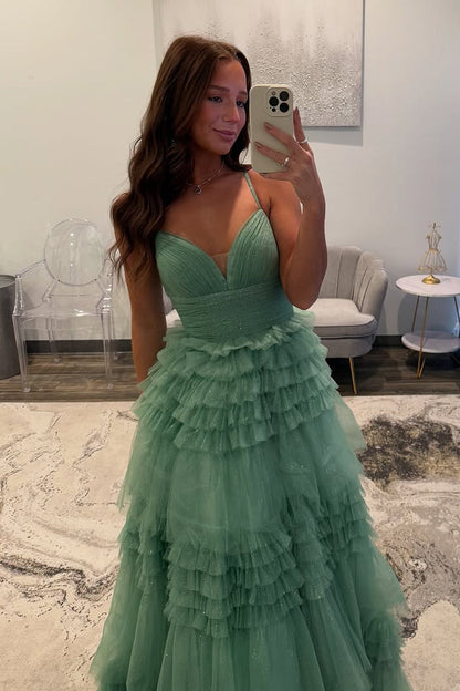 A-Line V Neck Sage Green Tulle Long Prom Dresses