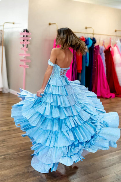 A-Line Off the Shoulder Light Blue Ruffle Tiered Long Prom Dresses