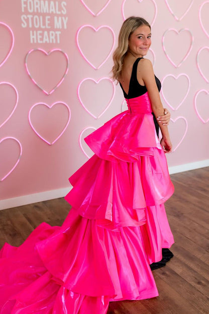 Two Piece V Neck Black Pink Long Mermaid Prom Dresses