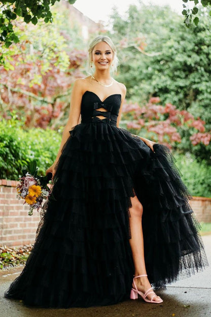 Black Strapless Ruffle Tiered Tulle Long Prom Dresses,BD93390