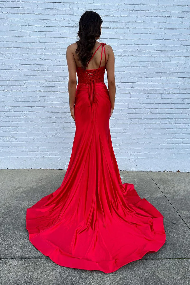 Red One Shoulder Satin Mermaid Long Prom Dresses