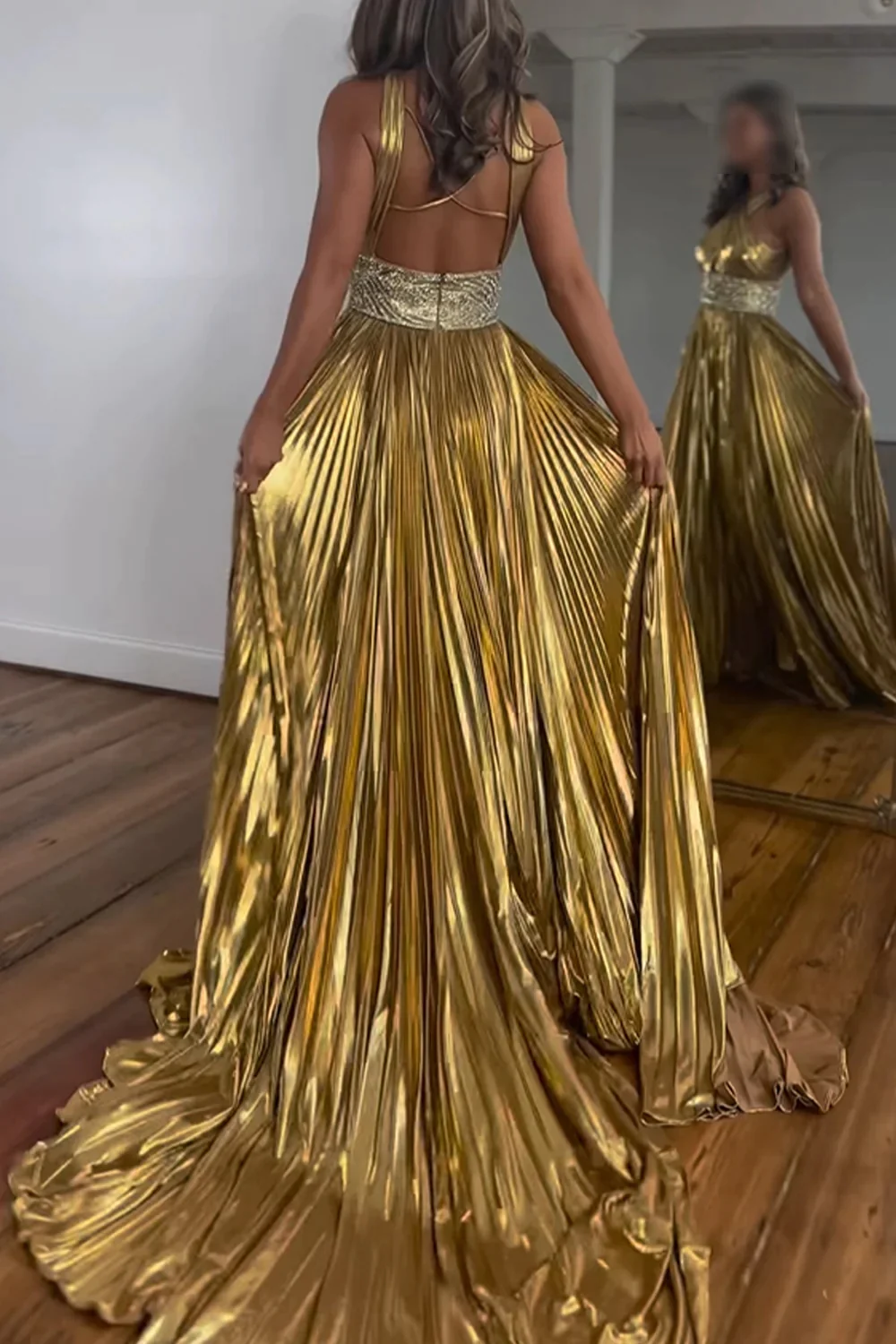 Glitter Golden Beaded Metallic Long A-Line Prom Dresses,BD93137