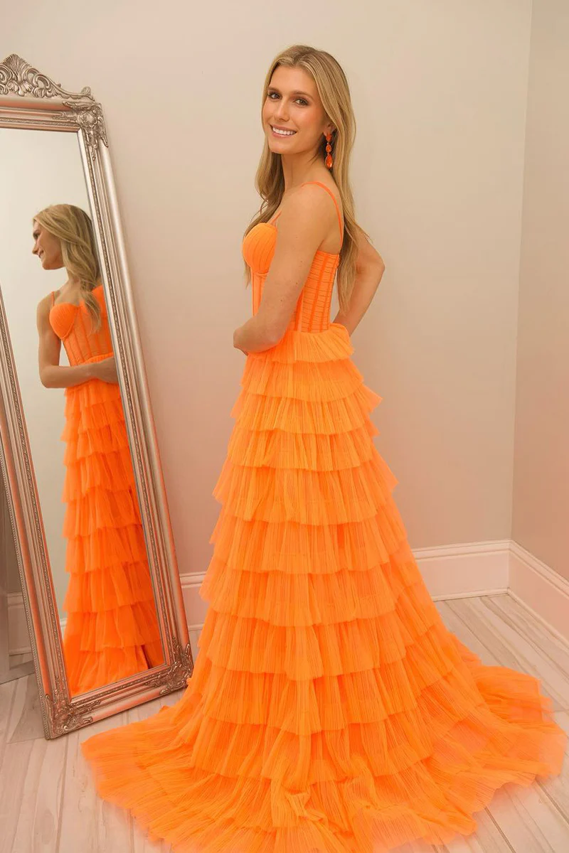 Orange Sweetheart Ruffle Tiered Tulle Long Prom Dresses