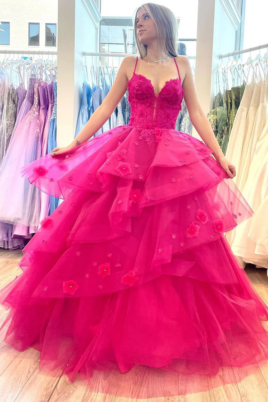 Hot Pink Tiered Tulle Long Sweetheart Prom Dresses with Appliques