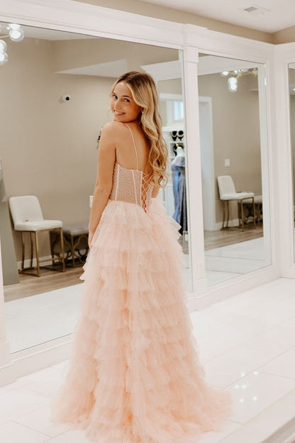 A Line Straps Glitter Tiered Long Tulle Prom Dresses