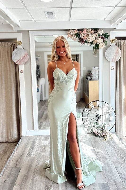 Charming V Neck Slit Long Mermaid Prom Dresses