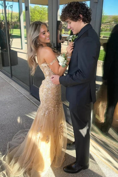 Mermaid Off the Shoulder Champagne Tulle Prom Dresses