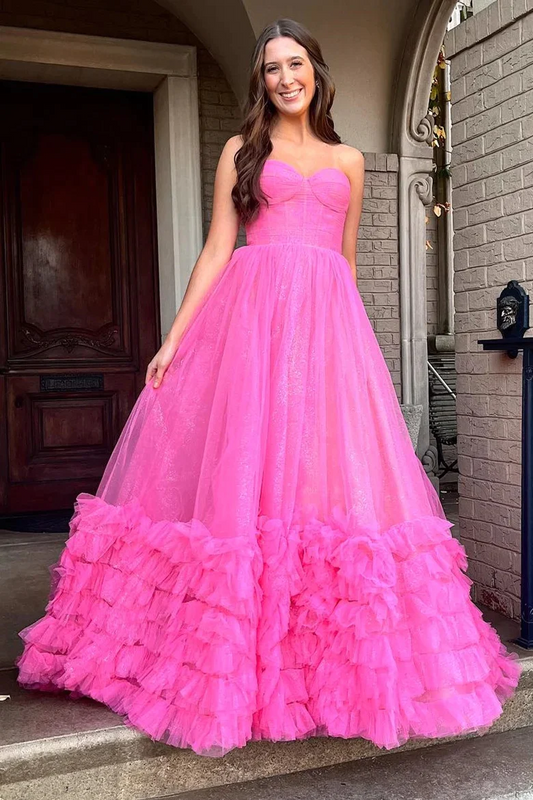 Long Fuchsia Strapless Ruffle A-Line Prom Dresses