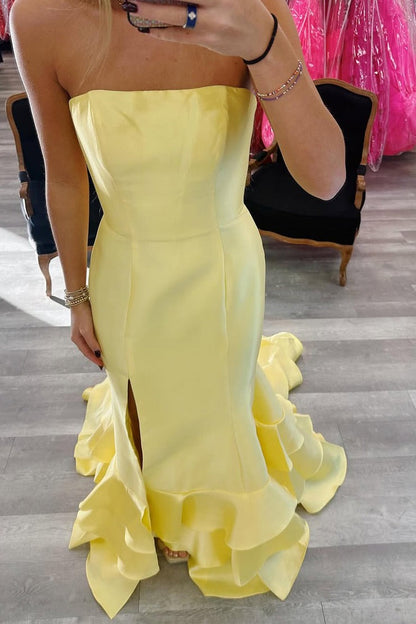 Mermaid Strapless Yellow Satin Tiered Prom Dresses