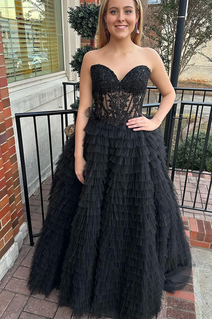 Black Sweetheart Tiered Tulle Long Prom Dresses with Appliques